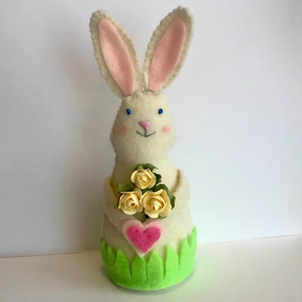 Bunny art doll holding yellow roses hand-sewn handmade heart